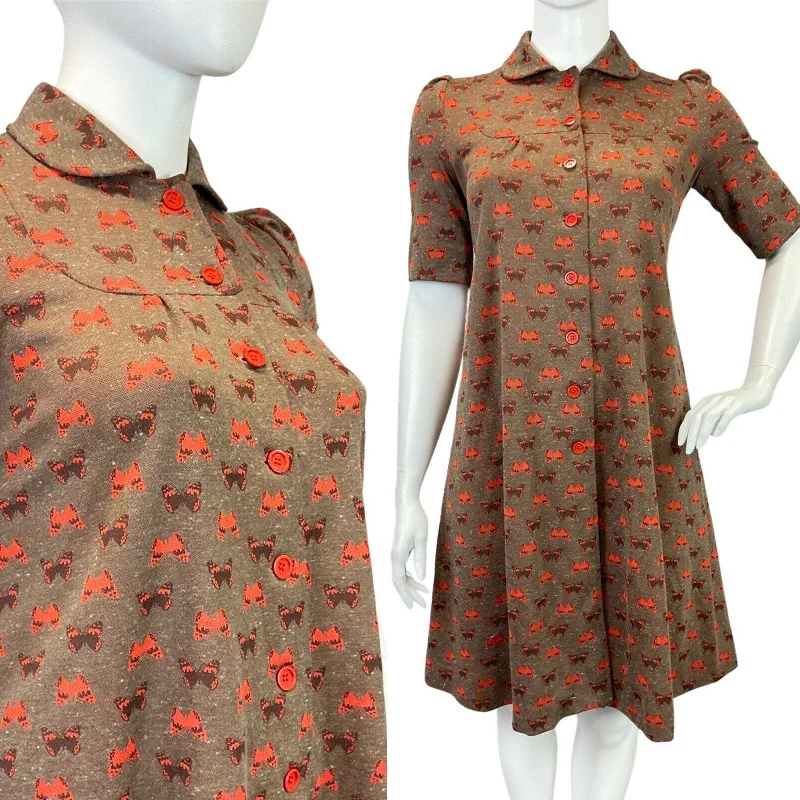 Stock Clearance VINTAGE 60s 70s BROWN ORANGE BUTTERFLY PETER PAN COLLAR MOD TENT SWING DRESS 16 Stock Clearance VINTAGE 60s 70s BROWN ORANGE BUTTERFLY PETER PAN COLLAR MOD TENT SWING DRESS 16