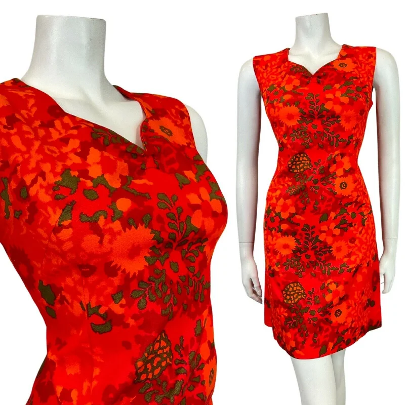 Hurry In VINTAGE 60s 70s RED ORANGE GREEN PSYCHEDELIC FLORAL MOD SLEEVELESS DRESS 10 Hurry In VINTAGE 60s 70s RED ORANGE GREEN PSYCHEDELIC FLORAL MOD SLEEVELESS DRESS 10