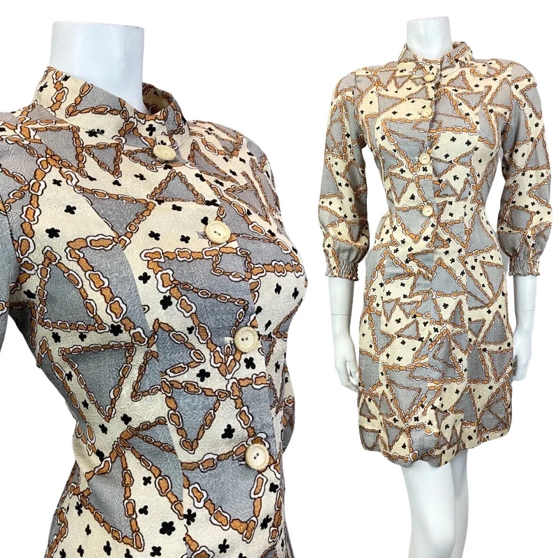 Don’t Miss Out VINTAGE 60s 70s CREAM SILVER BROWN GLITTERY GEOMETRIC CHAIN MOD SHORT DRESS 10 Don’t Miss Out VINTAGE 60s 70s CREAM SILVER BROWN GLITTERY GEOMETRIC CHAIN MOD SHORT DRESS 10