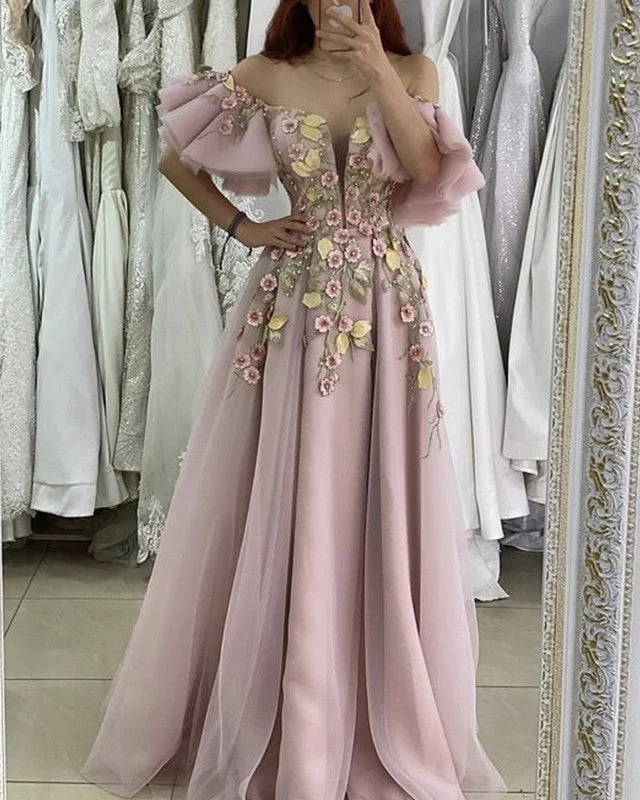 Fantastic Offers Long Tulle Prom Dresses Lace Embroidery Ruffles Sleeves