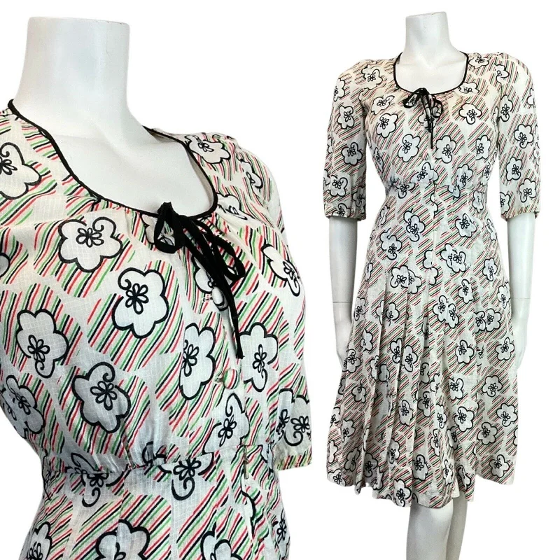 Overstock VINTAGE 60s 70s WHITE BLACK RED GREEN STRIPED FLORAL MOD SUMMER DRESS 6
