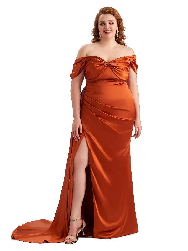 Markdowns Plus Size Sexy Side Slit Off The Shoulder Mermaid Soft Satin Long Bridesmaid Dress For Wedding Markdowns Plus Size Sexy Side Slit Off The Shoulder Mermaid Soft Satin Long Bridesmaid Dress For Wedding