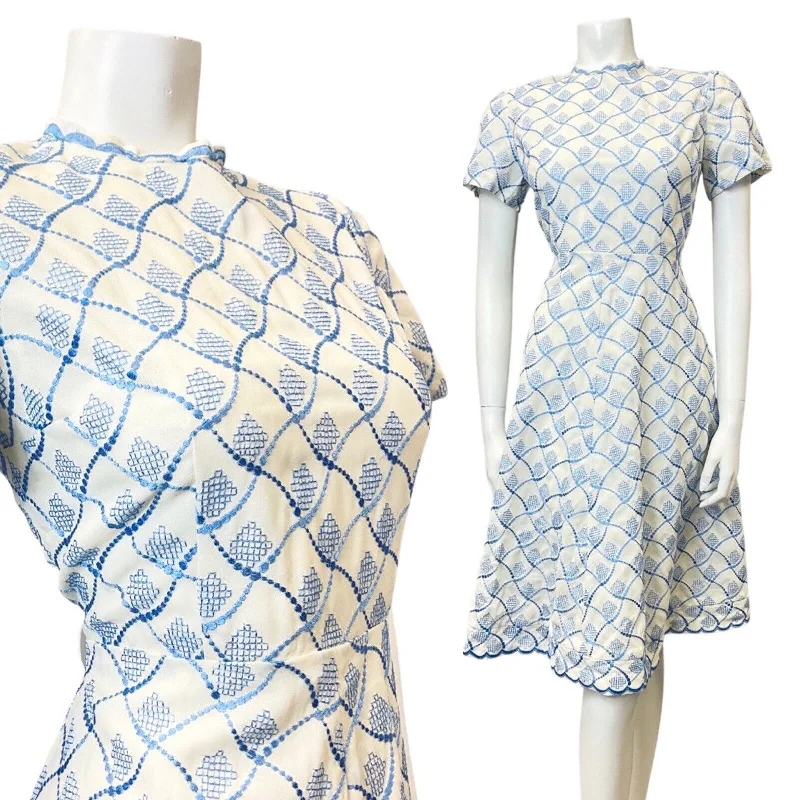 Limited Availability VINTAGE 60s 70s WHITE BLUE GEOMETRIC EMBROIDERED MOD SWING TEA DRESS 12 Limited Availability VINTAGE 60s 70s WHITE BLUE GEOMETRIC EMBROIDERED MOD SWING TEA DRESS 12