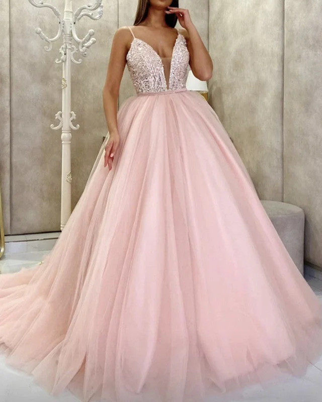 Today’s Deal Tulle Ball Gown Plunge Neck Prom Dresses With Sequins