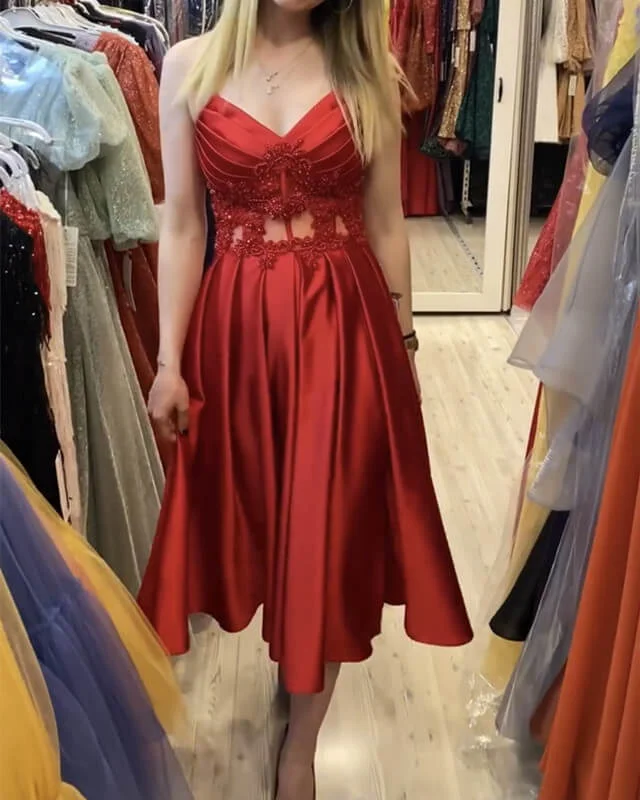Deep Discounts Red V-neck Satin Midi Corset Dress