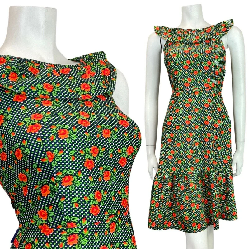 Can't Be Beat VINTAGE 60s 70s BLUE GREEN ORANGE POLKA-DOT FLORAL ROSE RUFFLE SUMMER DRESS 4 Can't Be Beat VINTAGE 60s 70s BLUE GREEN ORANGE POLKA-DOT FLORAL ROSE RUFFLE SUMMER DRESS 4
