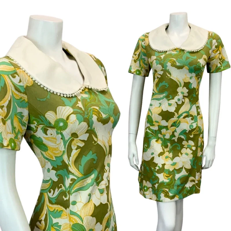 Deep Discounts VINTAGE 60s 70s OLIVE GREEN TURQUOISE ORANGE FLORAL PRINT MINI DRESS 8 10