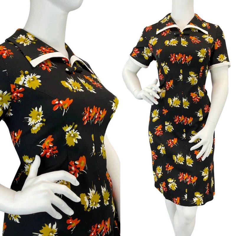Final Markdown VINTAGE 60s 70s BLACK WHITE ORANGE FLORAL WING COLLAR MOD SHORT DRESS 18