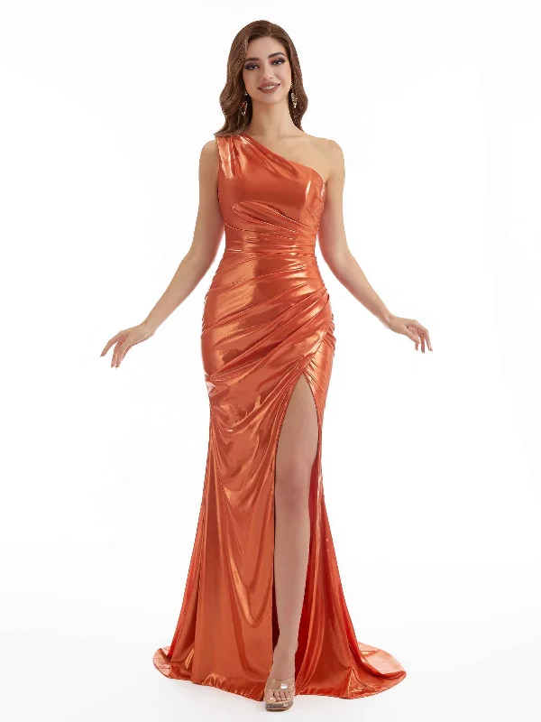 Special Discount Sexy Side Split One Shoulder Pleated Metallic Long Dresses Online