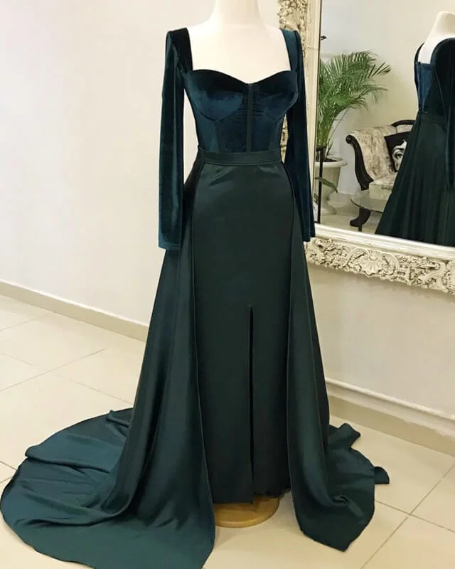 Big Savings Velvet Long Sleeve Satin Split Gown