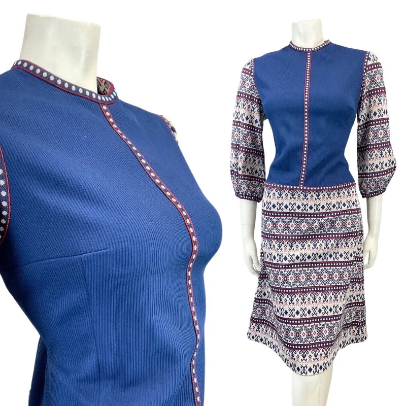 Best Seller VINTAGE 60s 70s BLUE RED WHITE GEOMETRIC TILED PUFF SLEEVE MOD MIDI DRESS 12