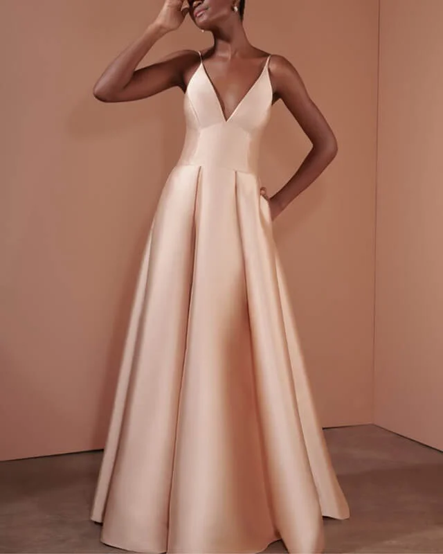 Blowout Deals Blush Satin V-neck Floor Length Dress With Pocktes