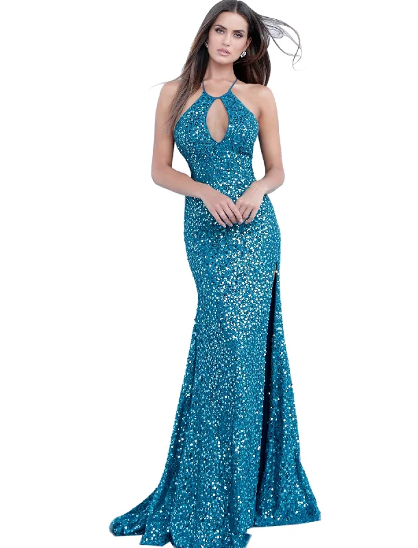 Extra Discounts Jovani Teal Lace Key Hole Neckline Fitted Prom Dress