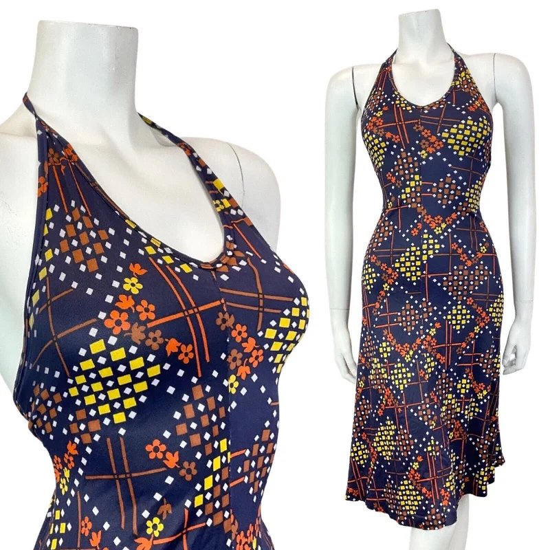 Year-End Sale VINTAGE 60s 70s BLUE BROWN YELLOW GEOMETRIC MOD SUMMER HALTER DRESS 8