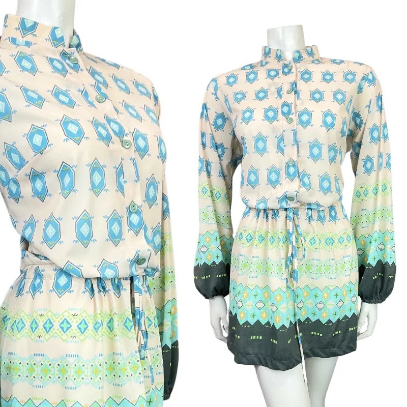 Shop and Save VINTAGE 60s 70s WHITE BLUE GREEN GEOMETRIC BOHO FOLK BLOUSON DRESS 12 14 Shop and Save VINTAGE 60s 70s WHITE BLUE GREEN GEOMETRIC BOHO FOLK BLOUSON DRESS 12 14