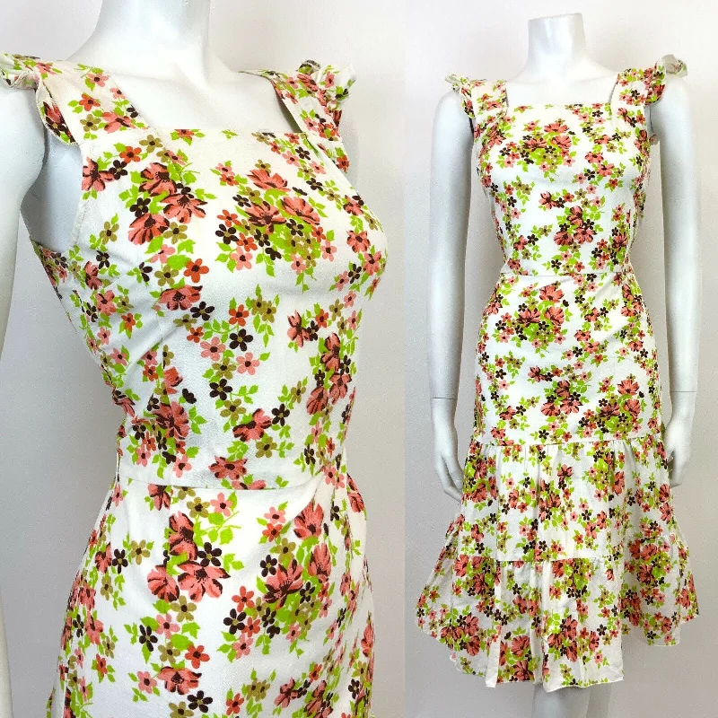 Flash Deals VTG 60s 70s WHITE ORANGE GREEN BROWN FLORAL RUFFLED BOHO FOLK SUMMER DRESS 8 10