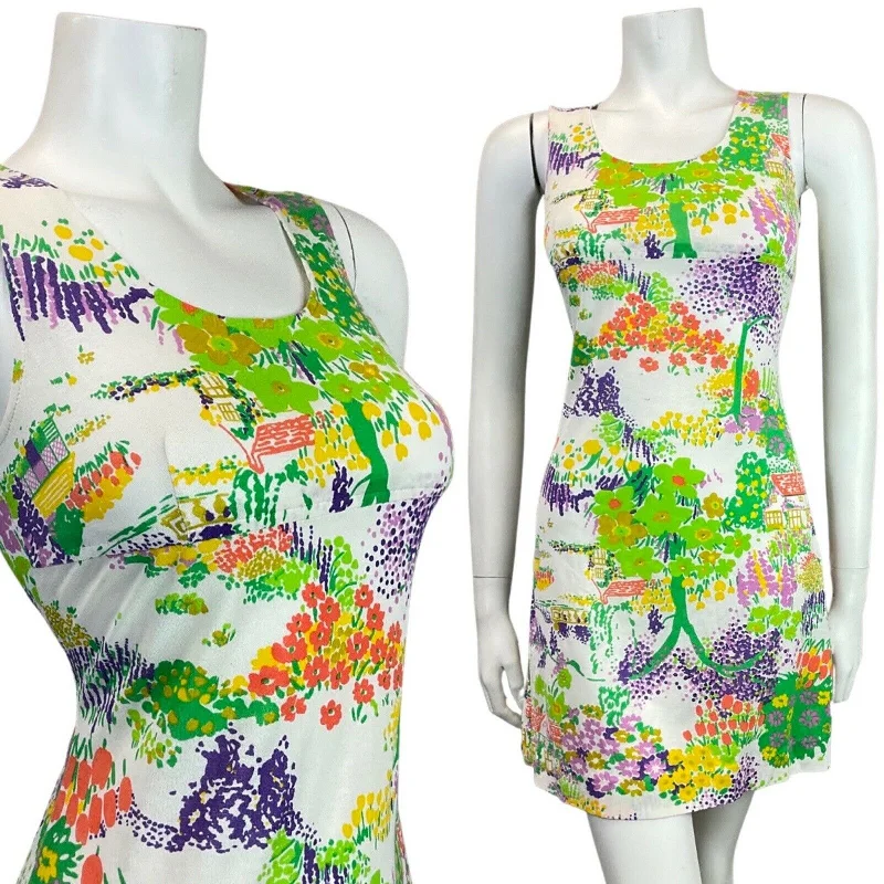 Exclusive Savings VINTAGE 60s 70s WHITE GREEN PURPLE FLORAL TREE COTTAGE SUMMER SHORT DRESS 8 Exclusive Savings VINTAGE 60s 70s WHITE GREEN PURPLE FLORAL TREE COTTAGE SUMMER SHORT DRESS 8