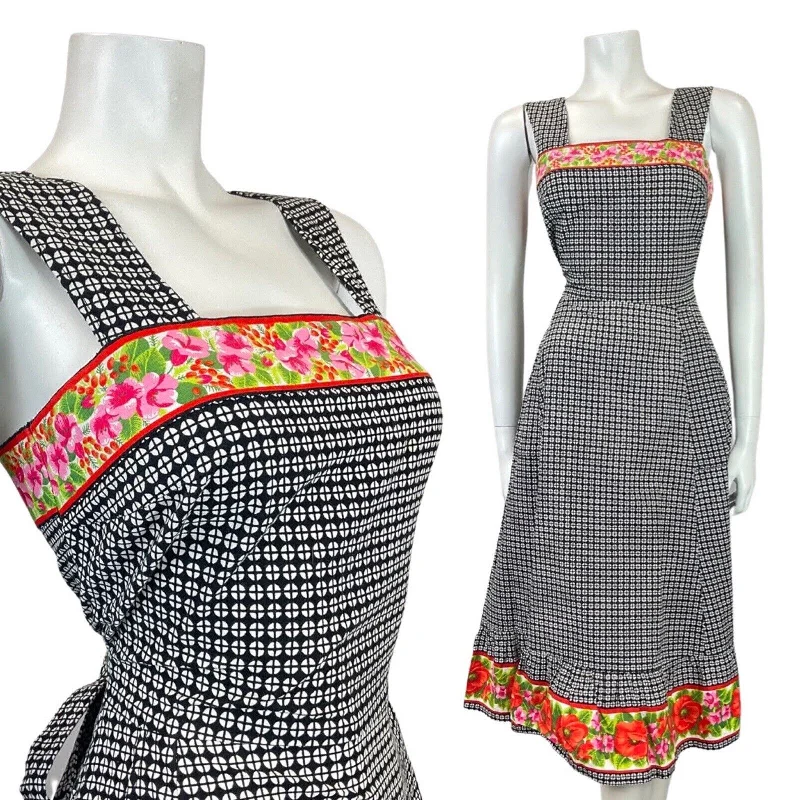 Lowest Prices VINTAGE 70s BLACK WHITE RED GEOMETRIC FLORAL SLEEVELESS APRON SUMMER DRESS 8 Lowest Prices VINTAGE 70s BLACK WHITE RED GEOMETRIC FLORAL SLEEVELESS APRON SUMMER DRESS 8