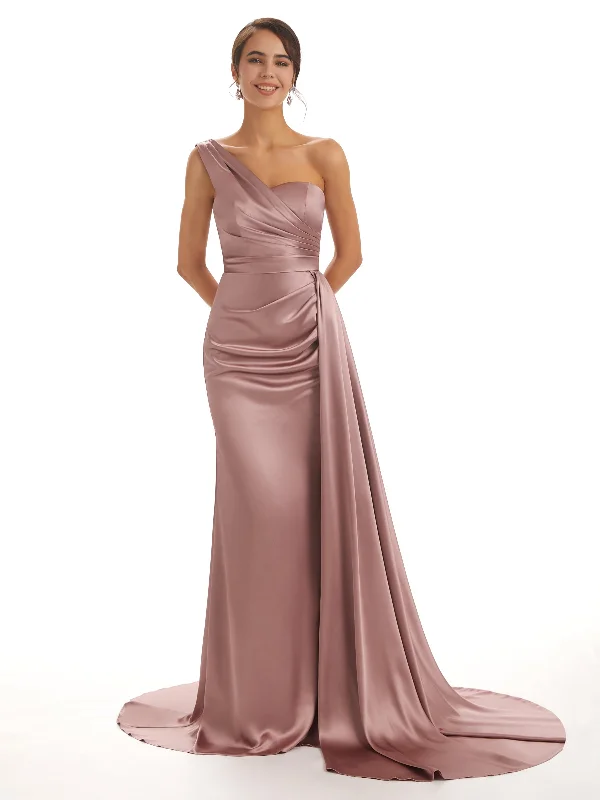 Now or Never Elegant One Shoulder Soft Satin Unique Mermaid Long Bridesmaid Dresses Online