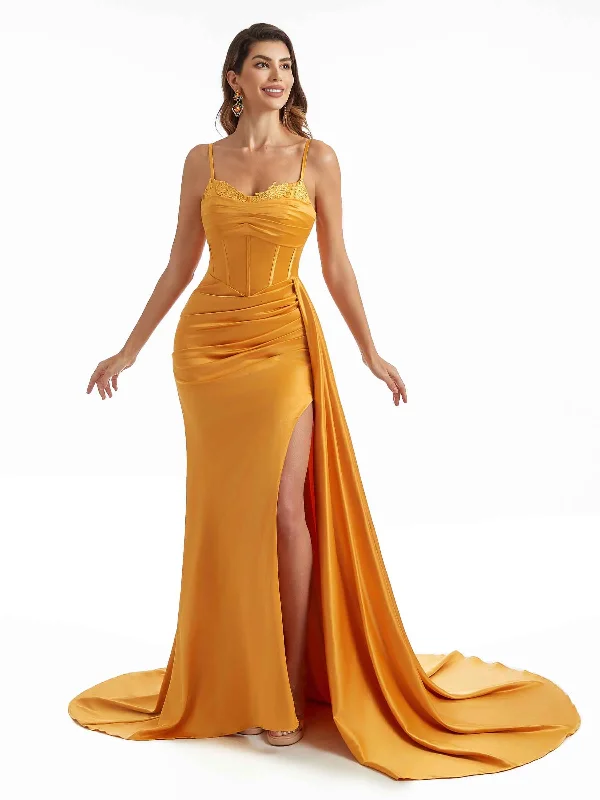 Friends and Family Sale Elegant Side Split Spaghetti Straps Long Chic Satin Mermaid Bridesmaid Dresses Online