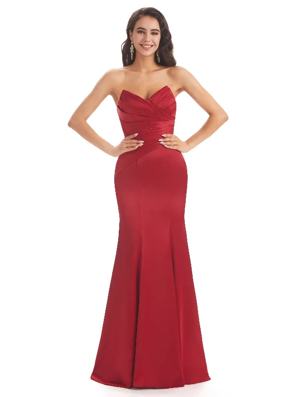 Weekend Deal Simple Strapless Sweetheart Soft Satin Mermaid Long Bridesmaid Dresses