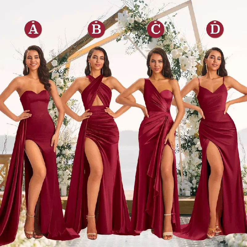 YEAR-End Clearance Burgundy Sexy Side Slit Silky Mismatched Soft Satin Mermaid Long Bridesmaid Dresses Online YEAR-End Clearance Burgundy Sexy Side Slit Silky Mismatched Soft Satin Mermaid Long Bridesmaid Dresses Online
