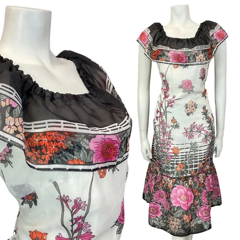 Deal Dash VINTAGE 60s 70s WHITE BLACK PINK FLORAL GARDEN RUFFLED SUMMER DRESS 10 12