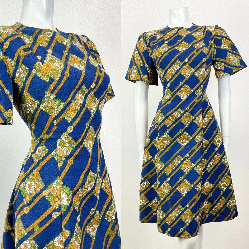 Mega Sale VTG 60s 70s BLUE GOLD BROWN GEOMETRIC DITSY FLORAL MOD SKATER SWING DRESS 8 10