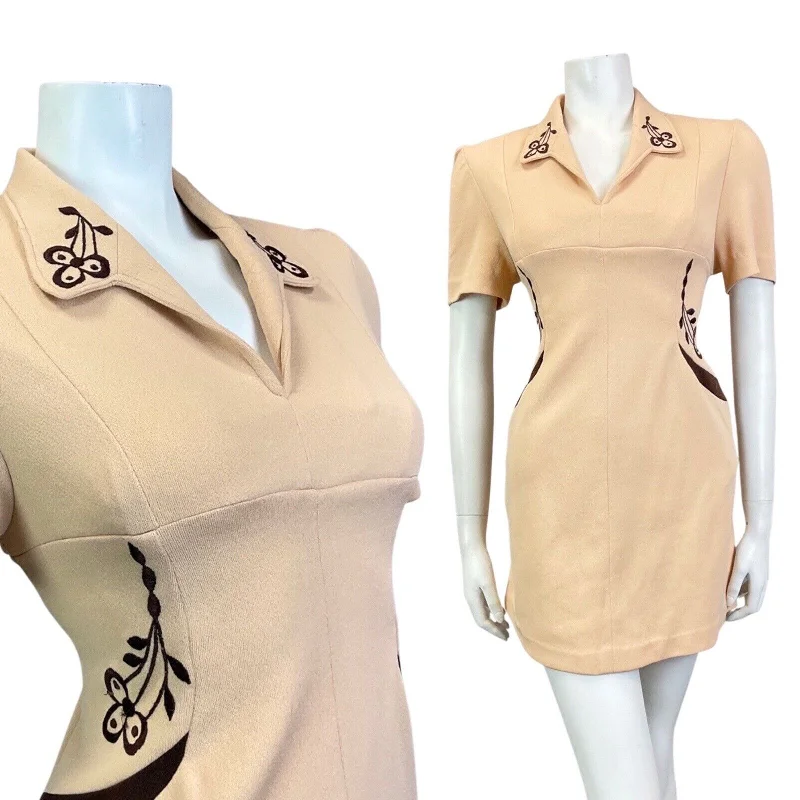 Amazing Deals VINTAGE 60s 70s CREAM BROWN FLORAL EMBROIDERED MOD SHORT MINI DRESS 10 12 Amazing Deals VINTAGE 60s 70s CREAM BROWN FLORAL EMBROIDERED MOD SHORT MINI DRESS 10 12