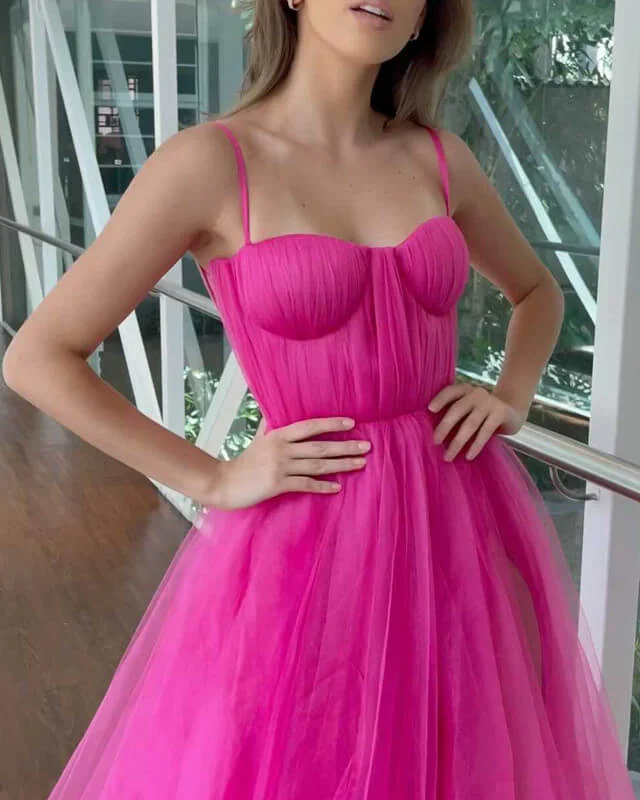 Crazy Deals Long Hot Pink Tulle Corset Slit Prom Dress