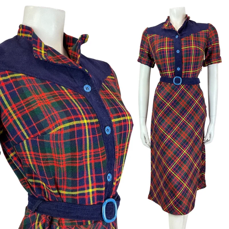 Price Cut VINTAGE 60s 70s RED BLUE GREEN TARTAIN PLAID BELTED WESTERN MOD MIDI DRESS 8 10 Price Cut VINTAGE 60s 70s RED BLUE GREEN TARTAIN PLAID BELTED WESTERN MOD MIDI DRESS 8 10