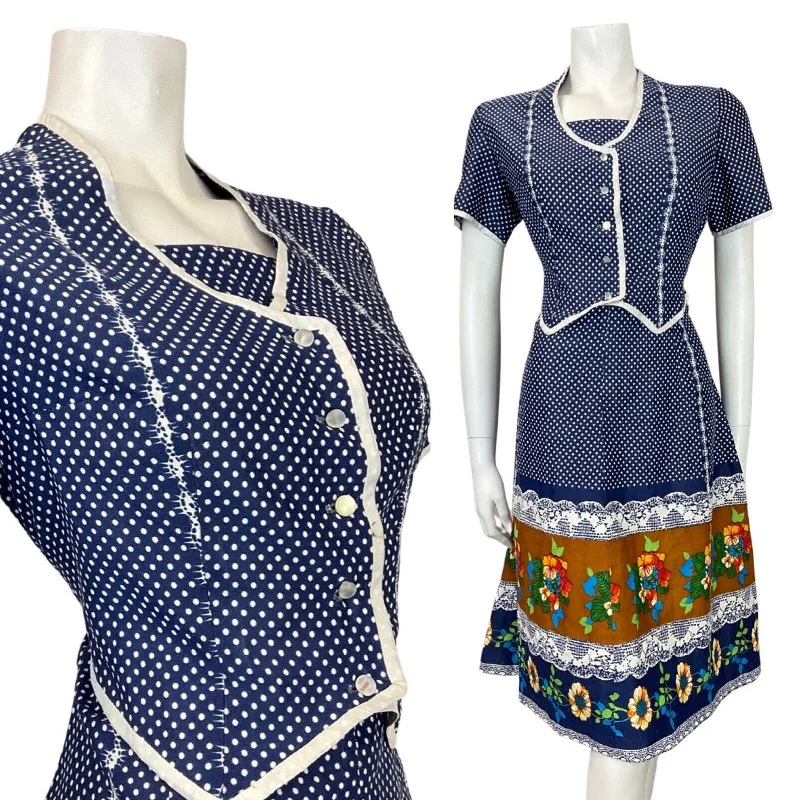 Special Price VINTAGWE 60s 70s BLUE WHITE BROWN POLKA-DOT FLORAL JACKET DRESS 12 14
