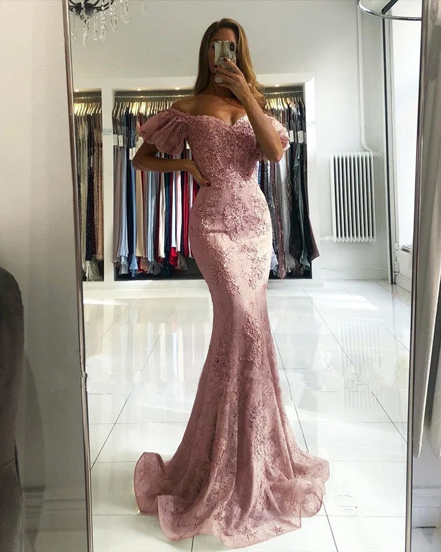 Savings Spectacular Lace Mermaid Prom Dresses Ruffles Sleeves