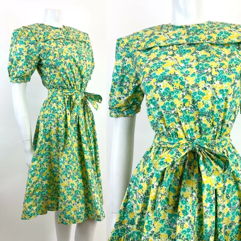 Discount Deals VINTAGE 60s 70s GREEN YELLOW WHITE FLORAL DITSY PRAIRIE FOLK SWING DRESS 8 10