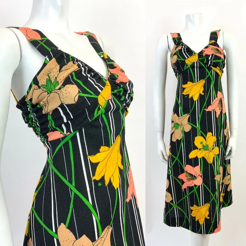 Holiday Sale VTG 60s 70s BLACK WHITE YELLOW PEACH STRIPED FLORAL LILY SUMMER SUNDRESS 8 10