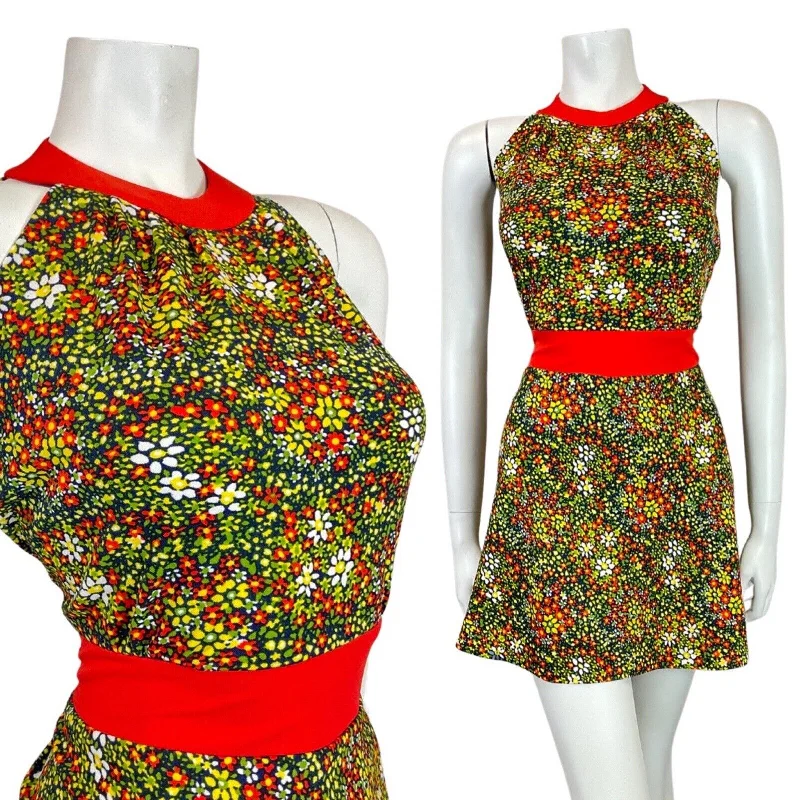 Final Clearance VINTAGE 60s 70s GREEN BLUE RED PSYCHEDELIC DITSY FLORAL HALTER MOD DRESS 12 Final Clearance VINTAGE 60s 70s GREEN BLUE RED PSYCHEDELIC DITSY FLORAL HALTER MOD DRESS 12