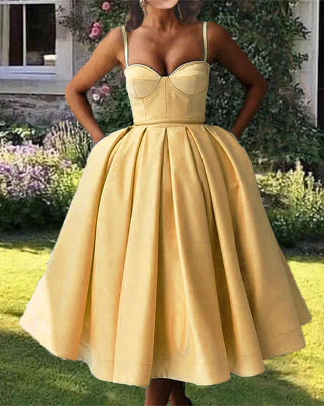 Price Break Light Yellow Satin Midi Corset Dress