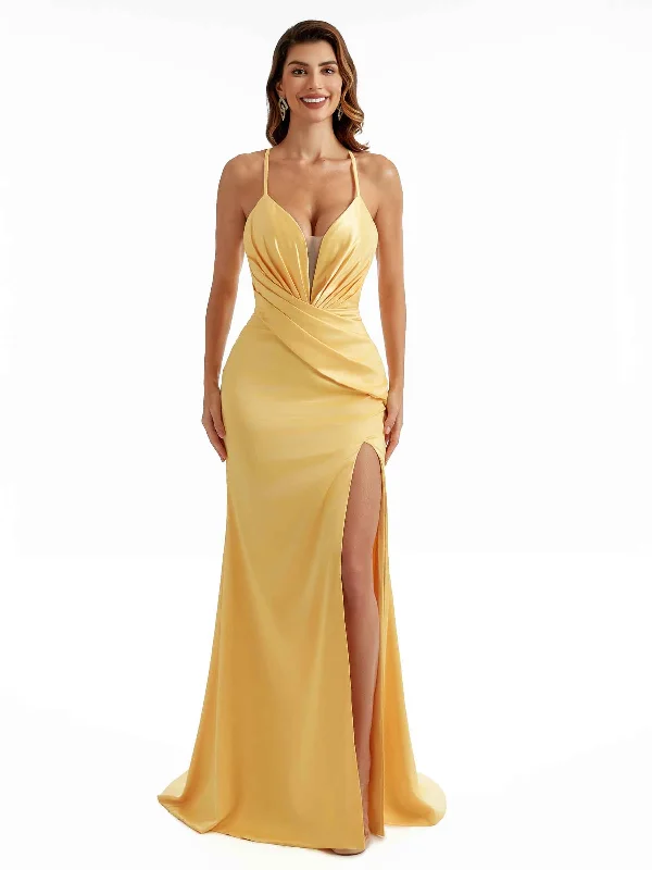 Closeout Sexy Side Split Spaghetti Straps Back Criss Cross Mermaid Satin Wedding Party Dresses