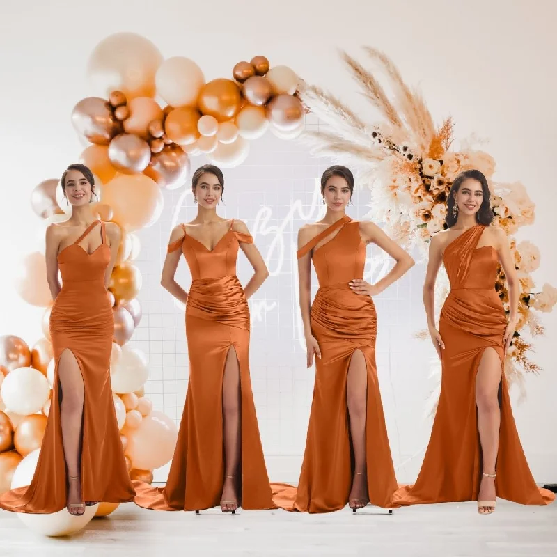 Stock Clearance Burnt Orange Sexy Chic Silky Mismatched Satin Mermaid Long Wedding Bridesmaid Dresses Sale Stock Clearance Burnt Orange Sexy Chic Silky Mismatched Satin Mermaid Long Wedding Bridesmaid Dresses Sale