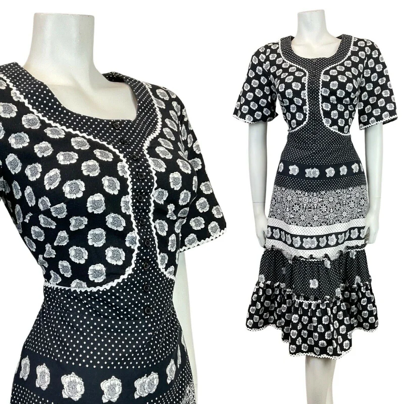 Fantastic Offers VINTAGE 60s 70s BLACK WHITE FLORAL POLKA-DOT RICRAC MOD RUFFLE DRESS 10 Fantastic Offers VINTAGE 60s 70s BLACK WHITE FLORAL POLKA-DOT RICRAC MOD RUFFLE DRESS 10