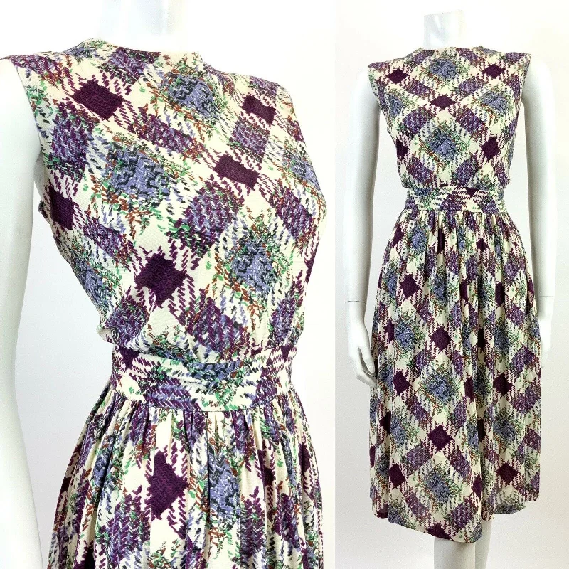Don't Wait VTG 60s 70s WHITE PURPLE GREEN ORANGE CHECKED PLAID BLOUSON SLEEVELESS DRESS 10