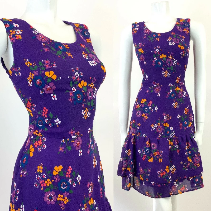 Best Deals VTG 60s 70s PURPLE WHITE ORANGE GREEN FLORAL MOD SLEEVELESS RUFFLE DRESS 8 10
