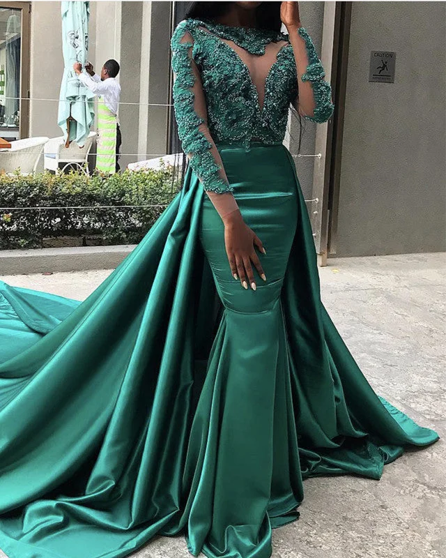 Closeout Mermaid Prom Dresses Lace Sleeved Satin Gowns