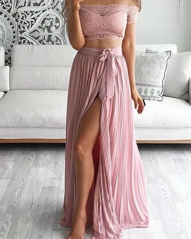 Price Buster Boho Lace Crop Chiffon Bridesmaid Dresses Two Piece
