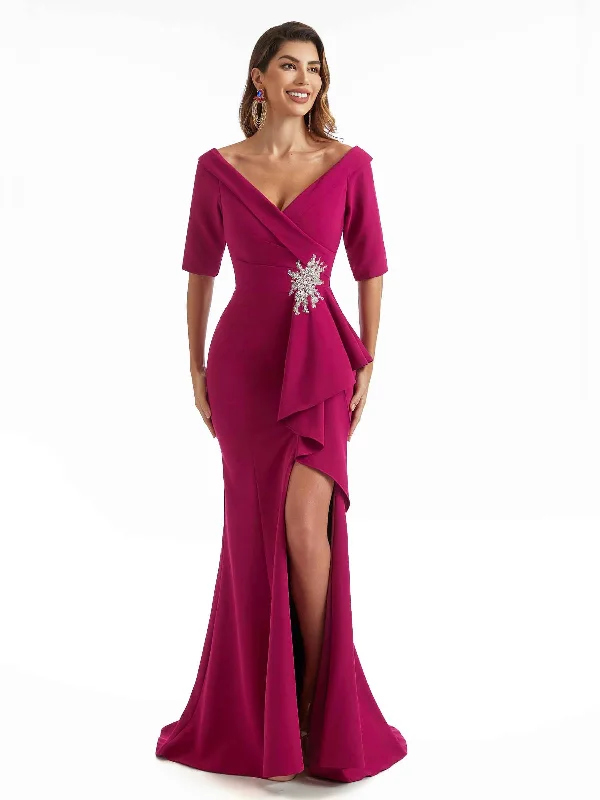 One-DAY Sale Sexy Side Split Mermaid Short Sleeves Stretch Crepe Long Chic Bridesmaid Dresses Online One-DAY Sale Sexy Side Split Mermaid Short Sleeves Stretch Crepe Long Chic Bridesmaid Dresses Online