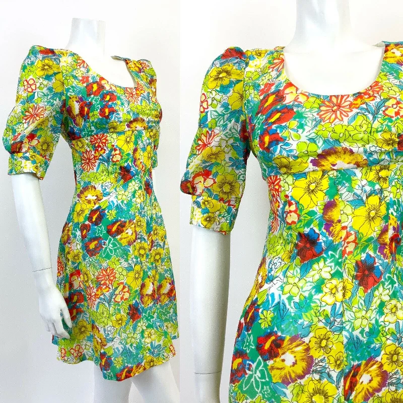 Epic Deals VTG 60s 70s GREEN BLUE YELLOW PSYCHEDELIC FLORAL PUFF SLEEVE MOD MINI DRESS 8