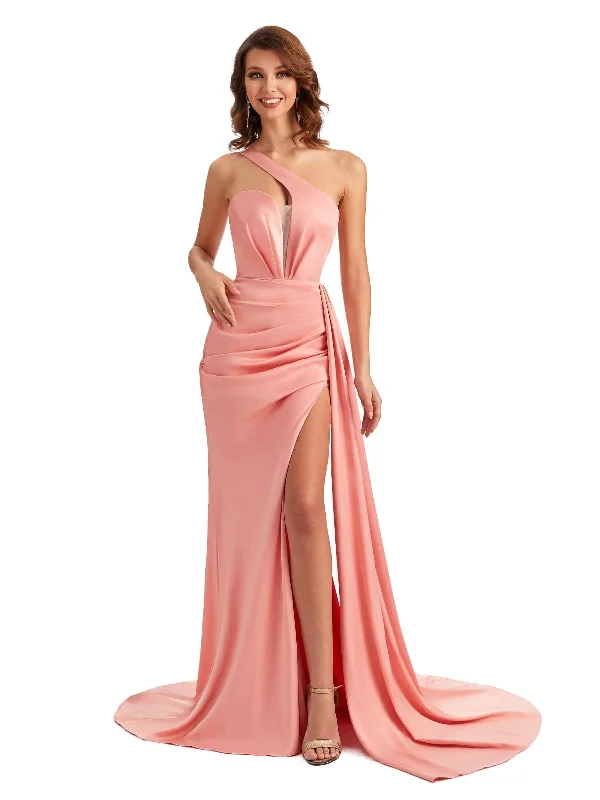 Markdowns Sexy One Shoulder Soft Satin Side Slit Long Mermaid Wedding Party Dresses