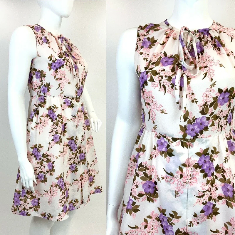 Must-Have Deals VINTAGE 60s 70s WHITE PURPLE PINK BROWN FLORAL FLOATY SLEEVELESS DRESS 16 18