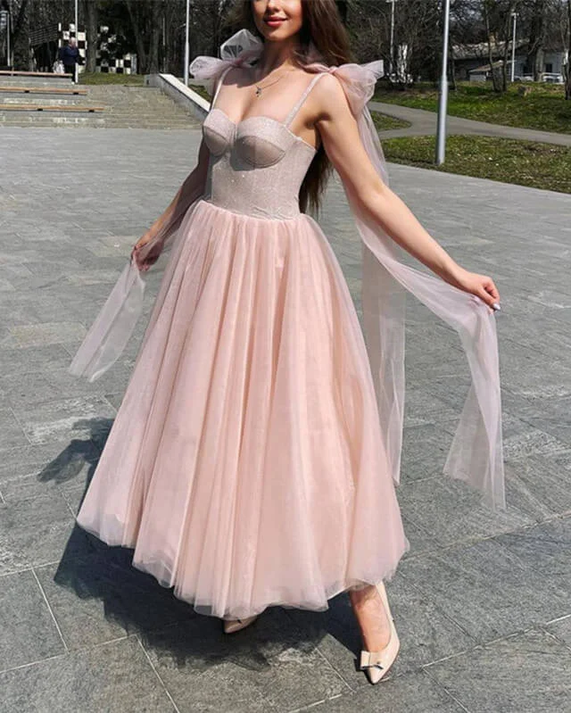Instant Discount Blush Tulle Ankle Length Dress With Sparkly Corset