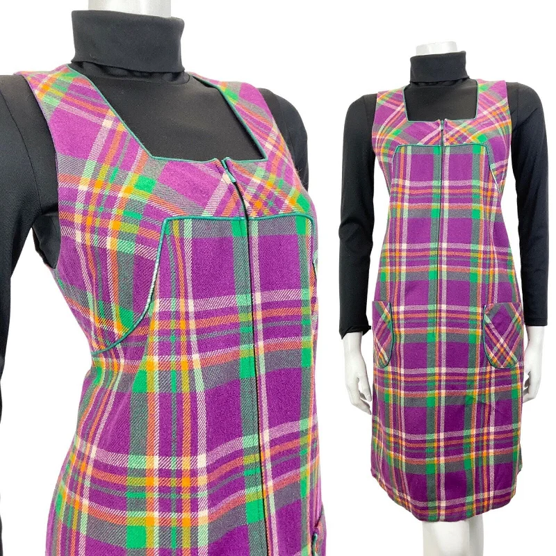 Savings Galore VTG 60s 70s PURPLE GREEN ORANGE PLAID CHECKED MOD PINAFORE A-LINE DRESS 10 12 Savings Galore VTG 60s 70s PURPLE GREEN ORANGE PLAID CHECKED MOD PINAFORE A-LINE DRESS 10 12